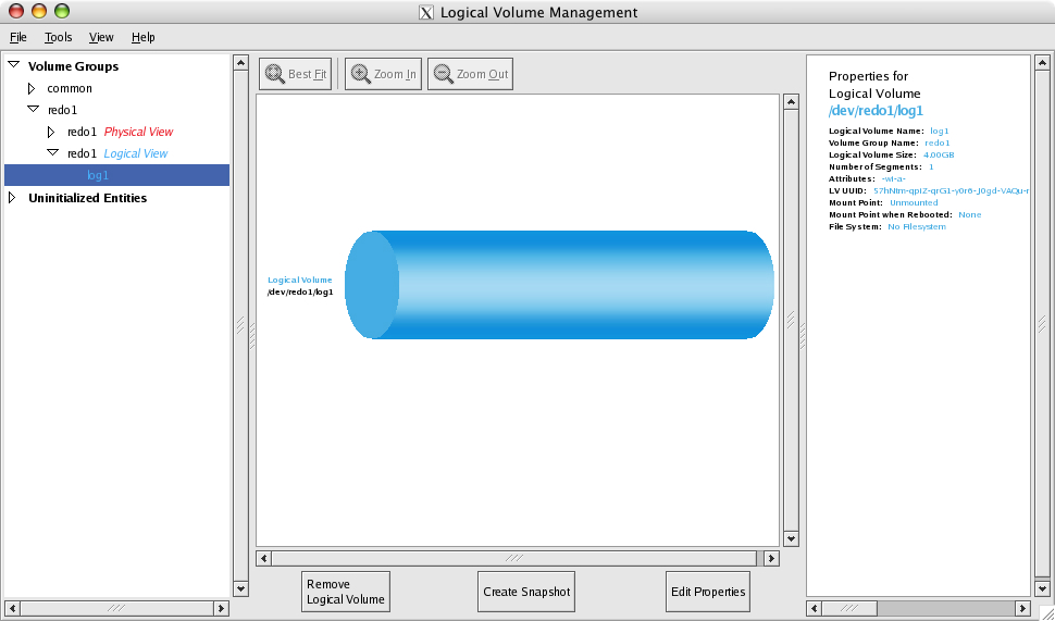 Logical Volume Management window: Logical volume log1