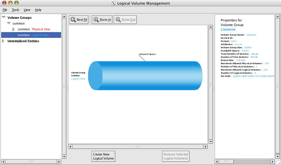 Logical Volume Management window: Logical view
