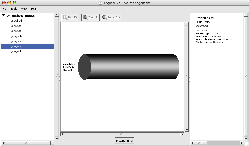 Logical Volume Management window: Uninitialized disk