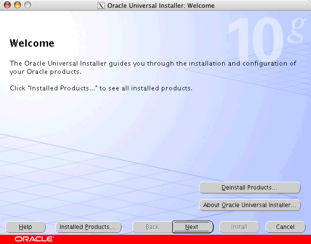 Oracle Universal Installer: Welcome window