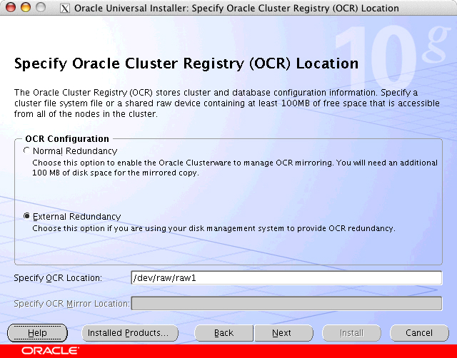 Oracle Universal Installer: Specify OCR Location window