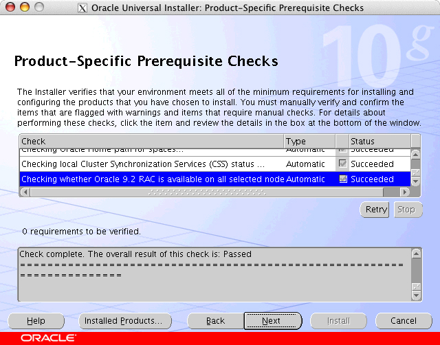 Oracle Universal Installer: Prerequisite Checks window