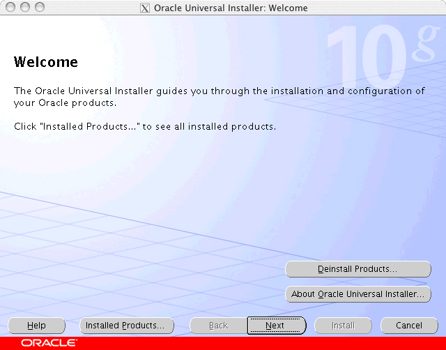 Oracle Universal Installer: Welcome dialog