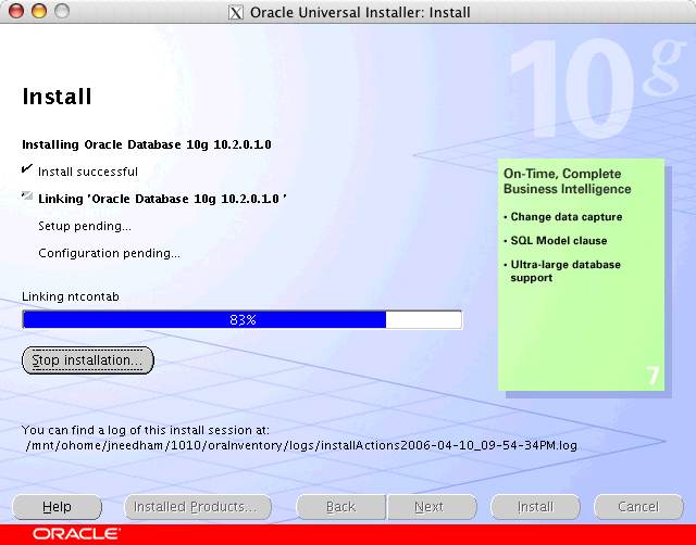Oracle Universal Installer: Install window